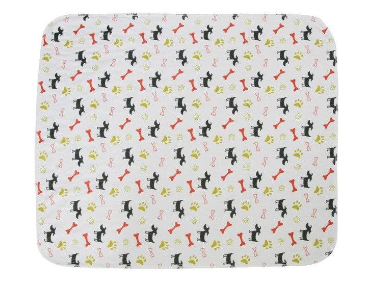 "Gray waterproof dog pee pad, washable and reusable, with bone and paw print. Available in multiple sizes for pet use."