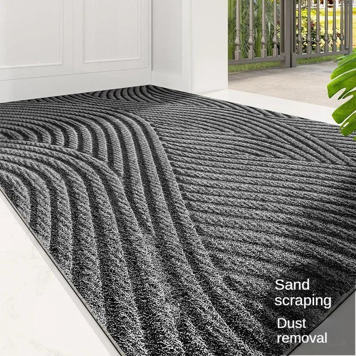 "Green non-slip heavy-duty door mat with textured surface for indoor/outdoor use, resists dirt, rain, and sun exposure."