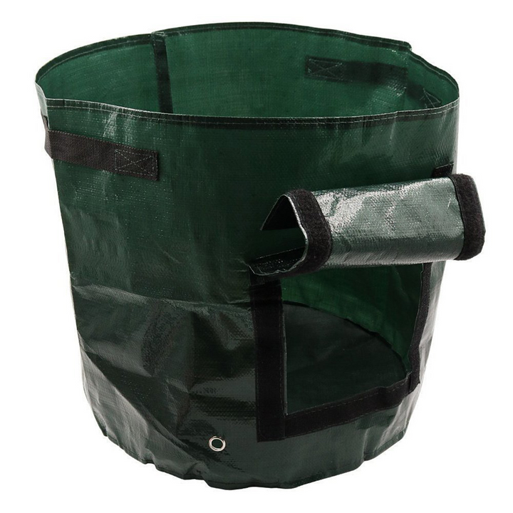 Green reusable grow bag with window for easy potato harvesting, durable fabric, ideal for patios and small gardens, optimal d