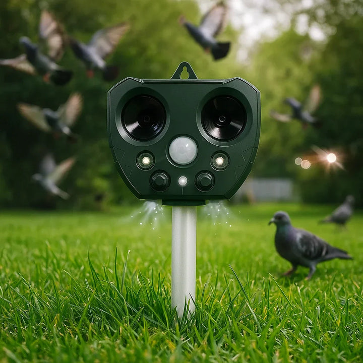 "Green ultrasonic bird and pest repeller device with solar panel, LED lights, and motion sensor for outdoor garden use."