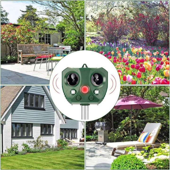 "Green ultrasonic bird and pest repeller device with solar panel, LED lights, and motion sensor for outdoor garden use."
