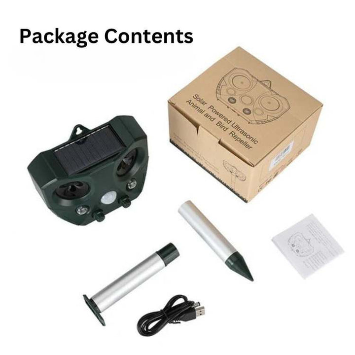 "Green ultrasonic bird and pest repeller device with solar panel, LED lights, and motion sensor for outdoor garden use."