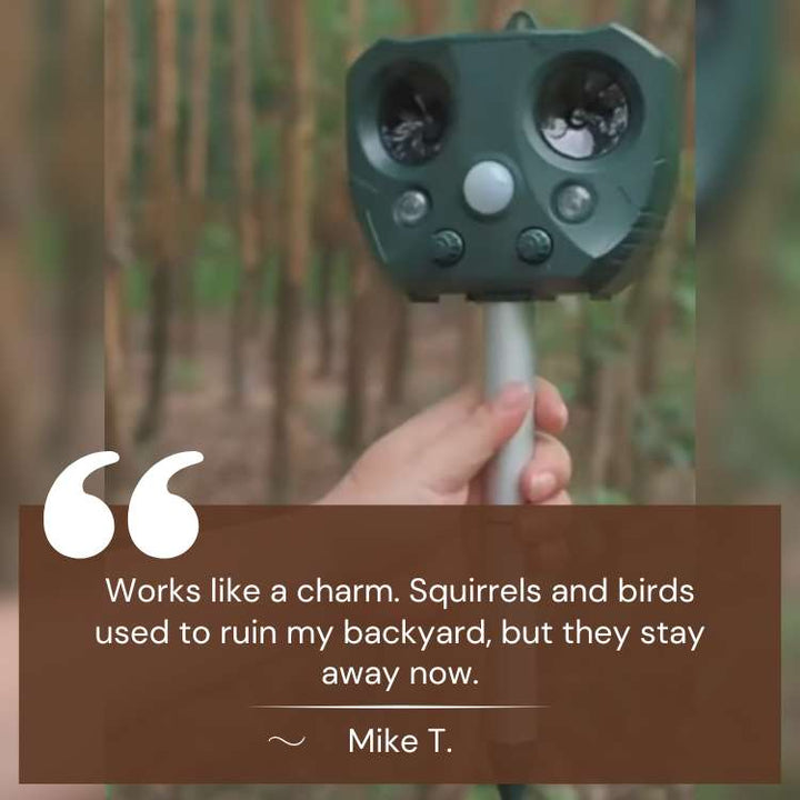 "Green ultrasonic bird and pest repeller device with solar panel, LED lights, and motion sensor for outdoor garden use."