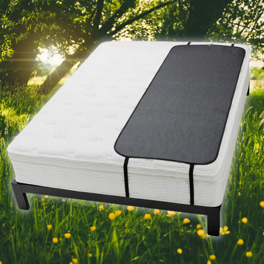 Grounding sleep mat for enhanced sleep. Carbon-infused leatherette material, under-sheet design for natural energy balance.
