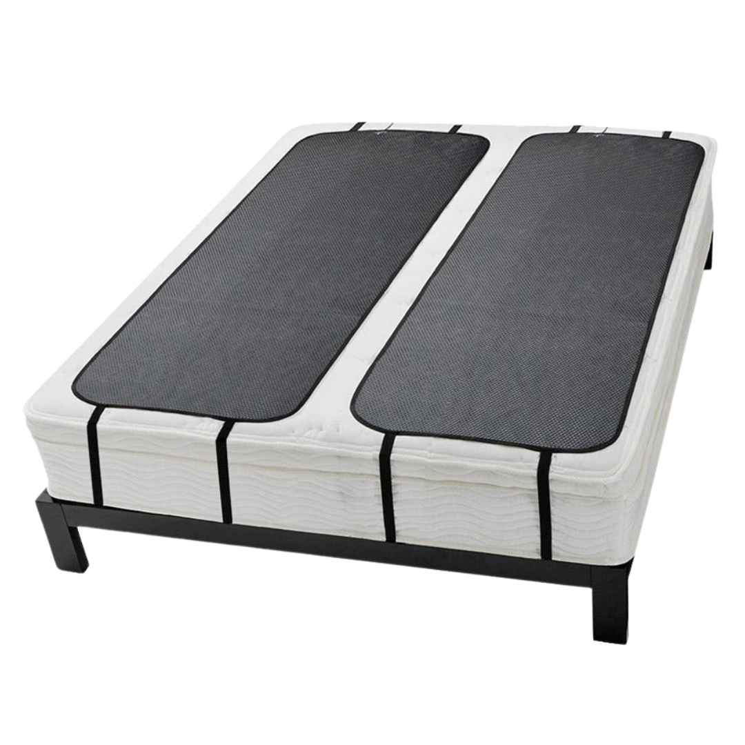 Grounding sleep mat for enhanced sleep. Carbon-infused leatherette material, under-sheet design for natural energy balance.