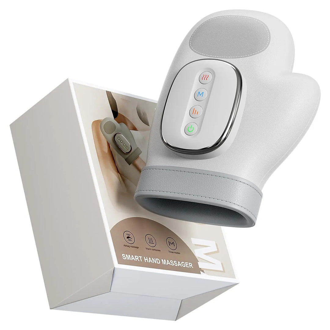 "Hand massager with heat for pain relief, showing airbag compression, sleek design, and adjustable settings."
