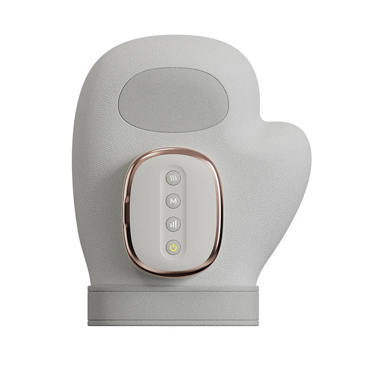 "Hand massager with heat for pain relief, showing airbag compression, sleek design, and adjustable settings."