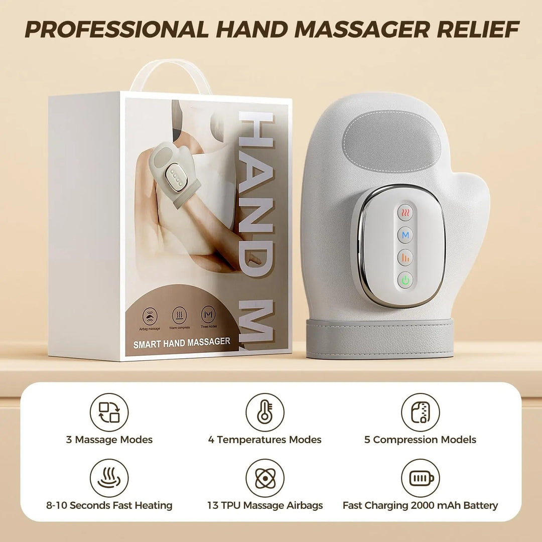 "Hand massager with heat for pain relief, showing airbag compression, sleek design, and adjustable settings."