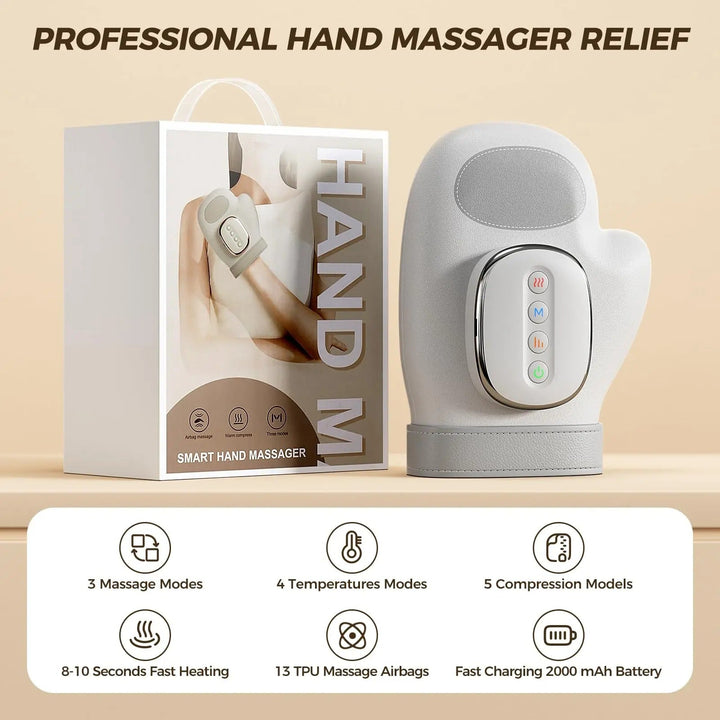 "Hand massager with heat for pain relief, showing airbag compression, sleek design, and adjustable settings."