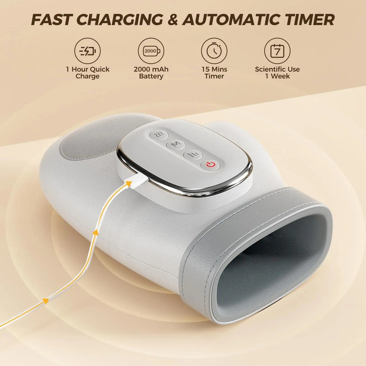 "Hand massager with heat for pain relief, showing airbag compression, sleek design, and adjustable settings."