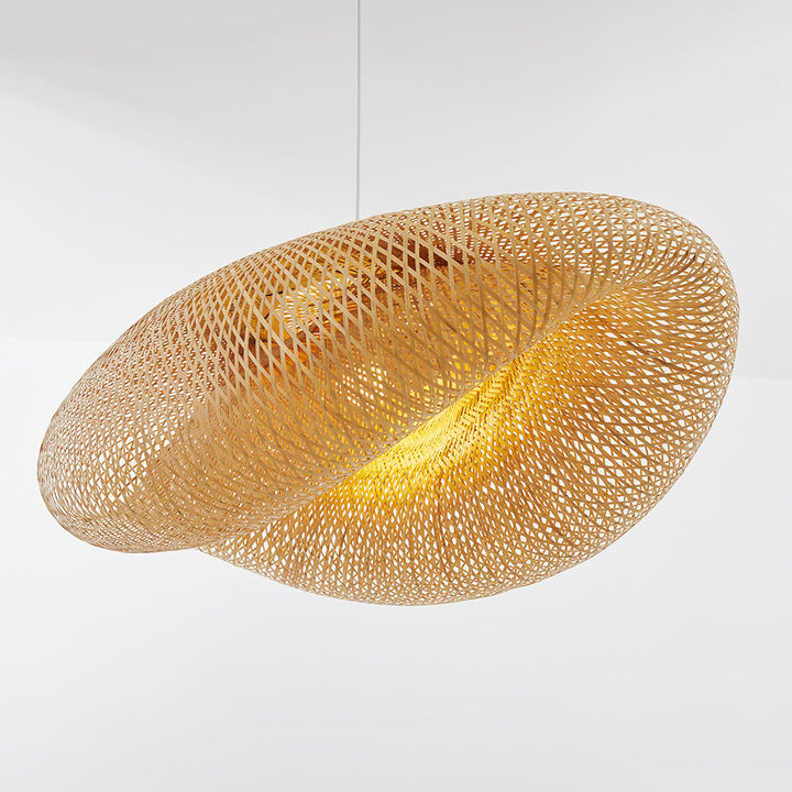 "Handcrafted bamboo pendant light with wave-pattern wicker rattan shade, adds warm, natural elegance to any interior space."