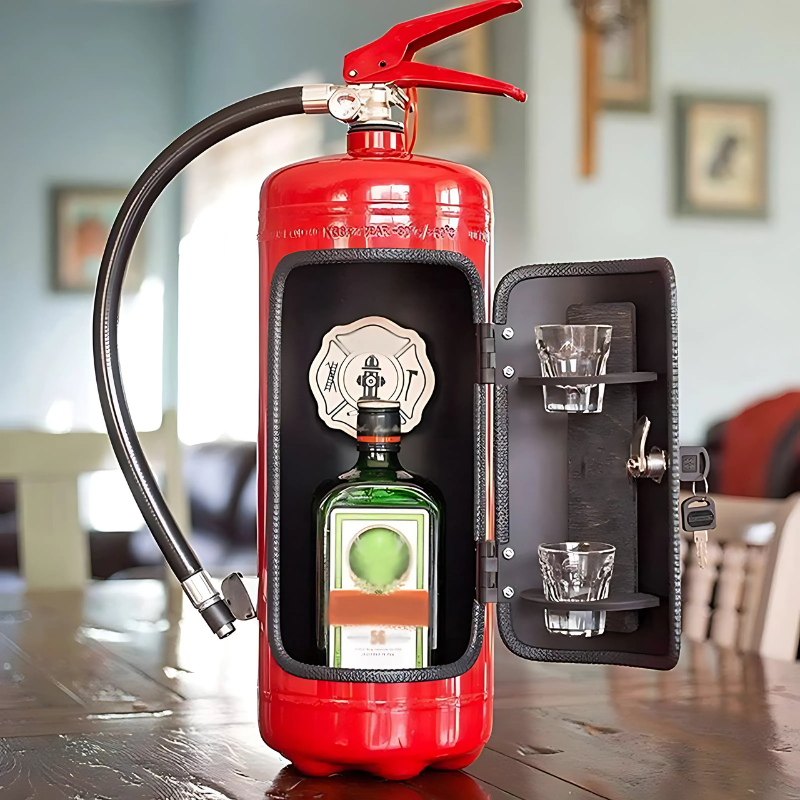 "Handcrafted industrial fire extinguisher mini bar with a rugged aesthetic, perfect for home decor and gifting."