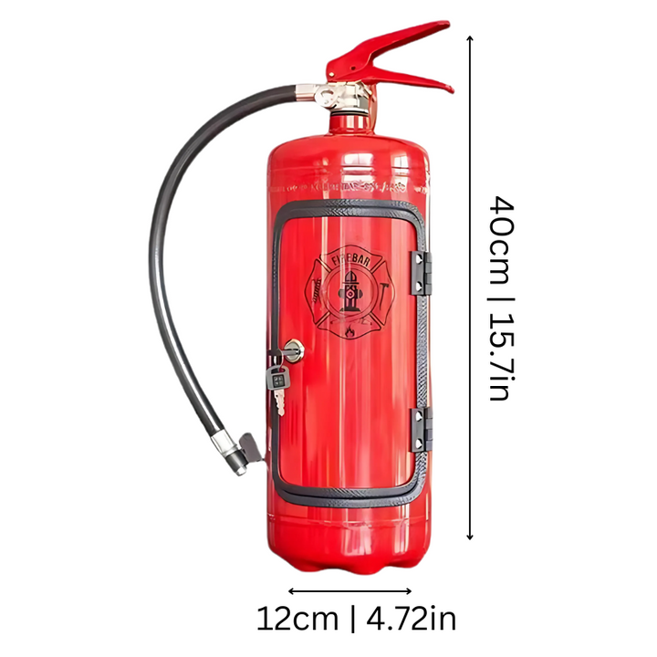 "Handcrafted industrial fire extinguisher mini bar with a rugged aesthetic, perfect for home decor and gifting."