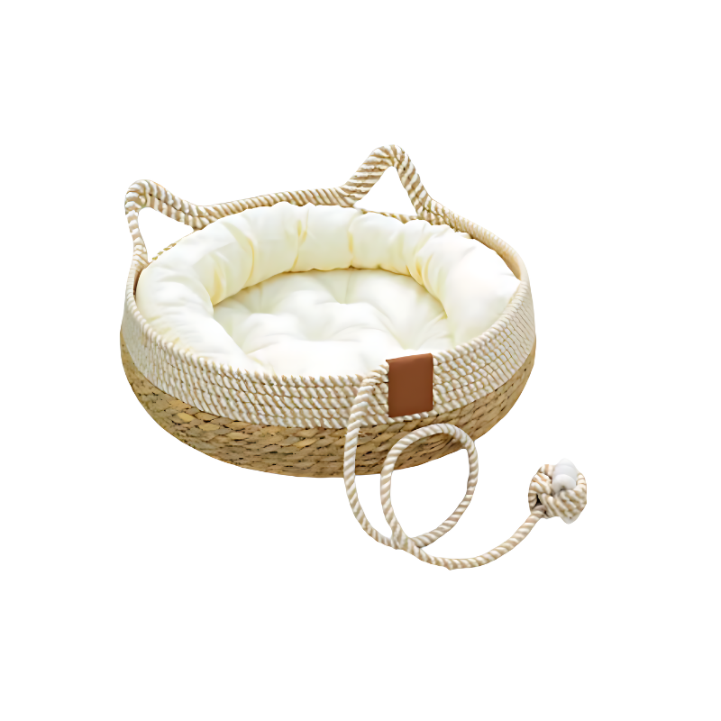 "Handcrafted sisal and cotton cat bed, white and blue tones, cozy cushion, nest design for comfort and scratching."