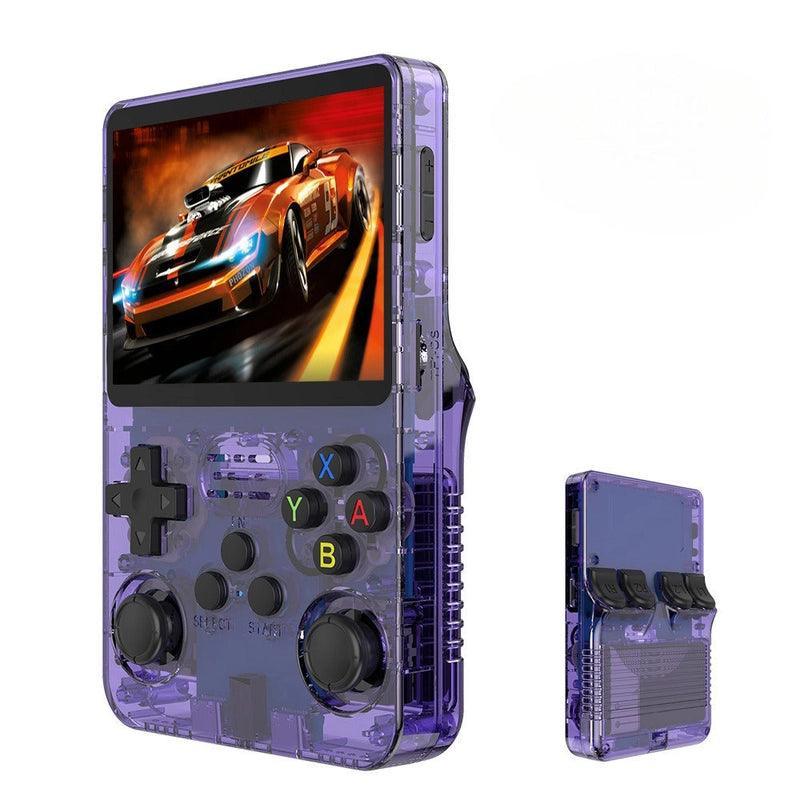 "Handheld gaming console with HD screen, USB charging, compact design, ergonomic controls, and retro aesthetics."