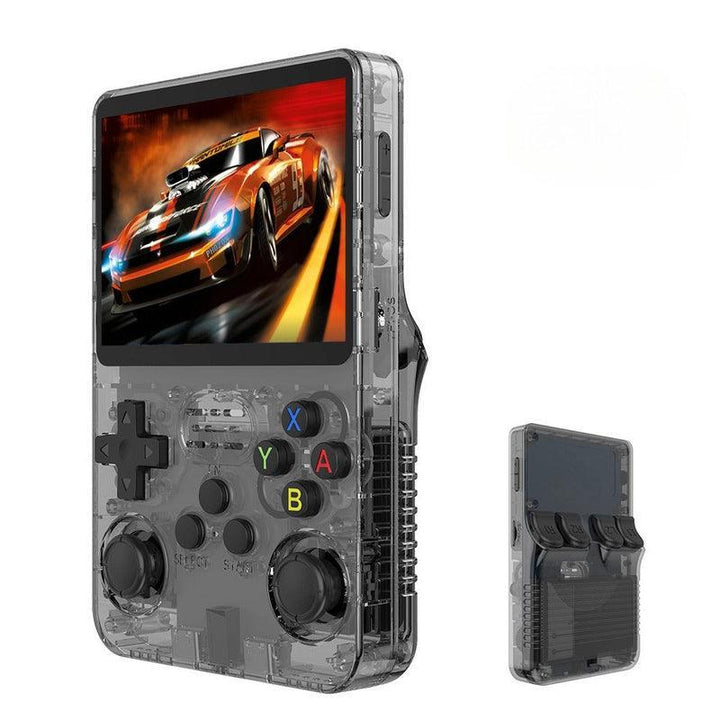 "Handheld gaming console with HD screen, USB charging, compact design, ergonomic controls, and retro aesthetics."