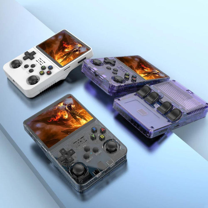 "Handheld gaming console with HD screen, USB charging, compact design, ergonomic controls, and retro aesthetics."