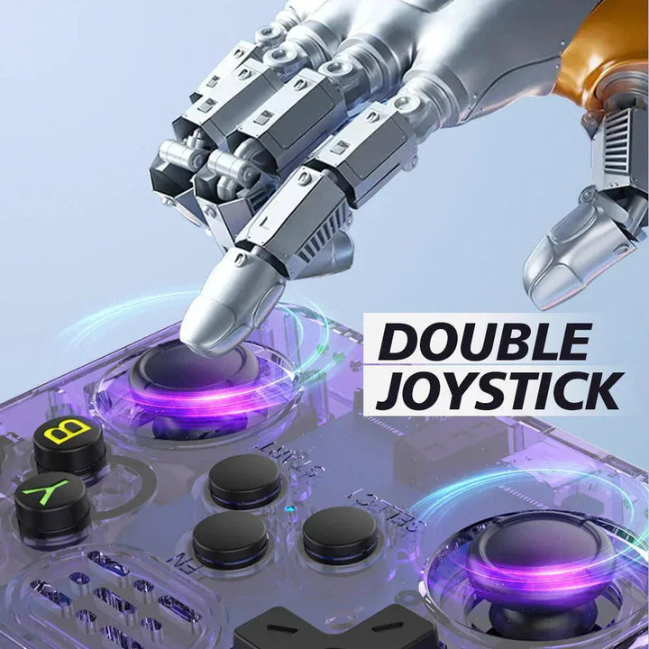 "Handheld gaming console with HD screen, USB charging, compact design, ergonomic controls, and retro aesthetics."