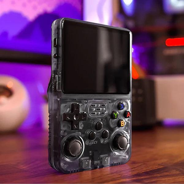 "Handheld gaming console with HD screen, USB charging, compact design, ergonomic controls, and retro aesthetics."