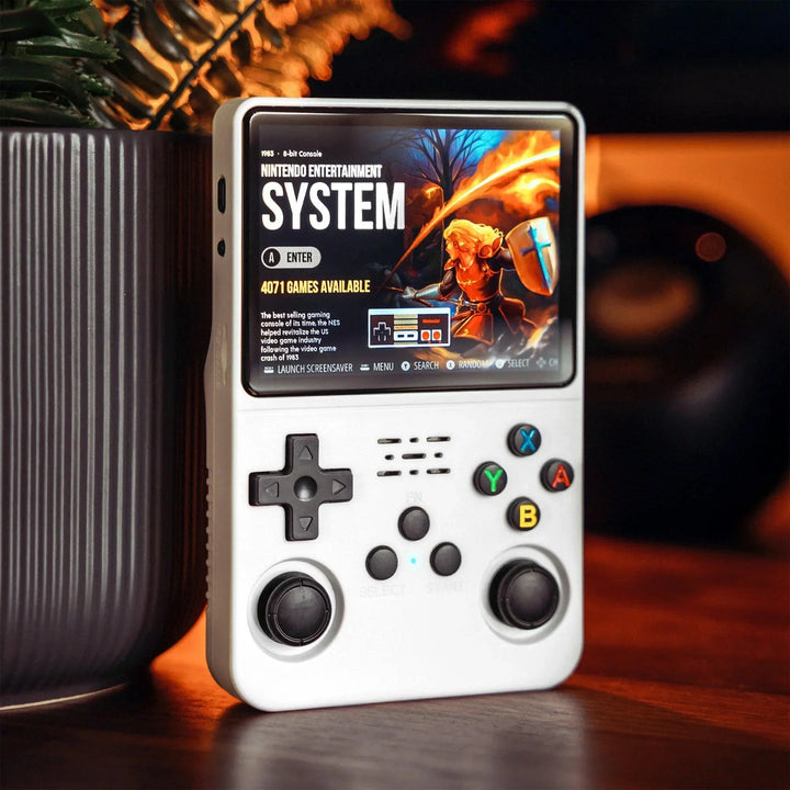 "Handheld gaming console with HD screen, USB charging, compact design, ergonomic controls, and retro aesthetics."