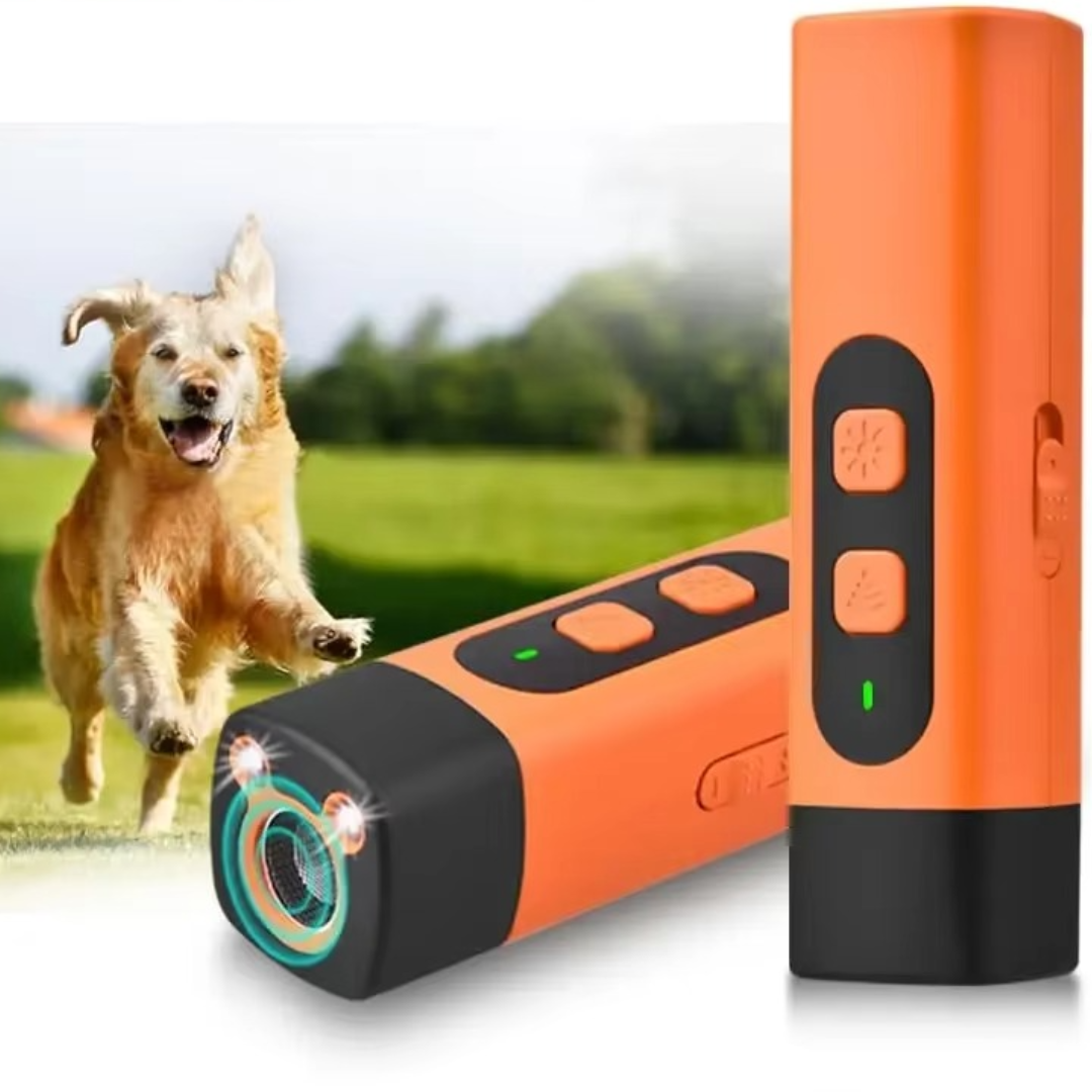 "Handheld ultrasonic anti-bark device, portable and safe for dogs, featuring one-button activation and USB-C rechargeability.