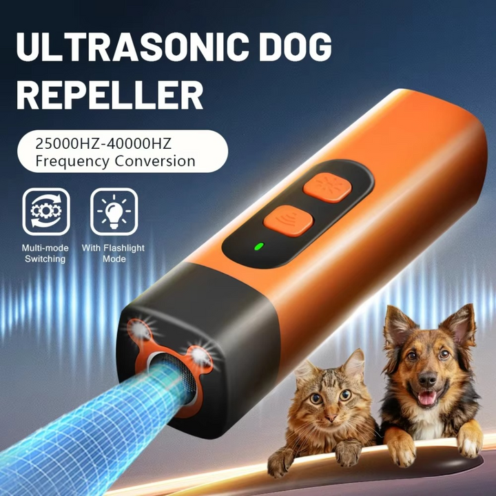 "Handheld ultrasonic anti-bark device, portable and safe for dogs, featuring one-button activation and USB-C rechargeability.
