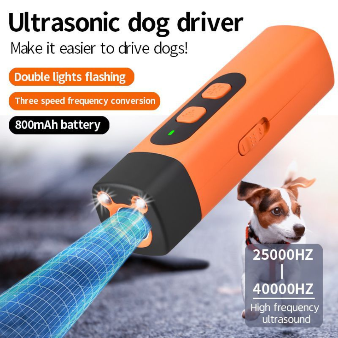 "Handheld ultrasonic anti-bark device, portable and safe for dogs, featuring one-button activation and USB-C rechargeability.