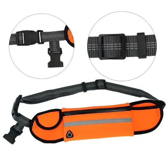 "Hands-free dog running lead with reflective waist belt, showing adjustable strap and bungee leash for outdoor activities."