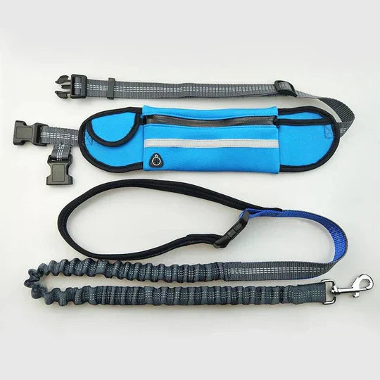"Hands-free dog running lead with reflective waist belt, showing adjustable strap and bungee leash for outdoor activities."