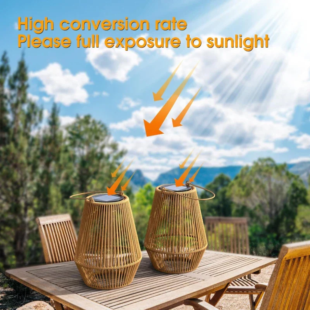Handwoven solar garden lamp with intricate design, LED light, and waterproof finish, perfect for sustainable outdoor decor.