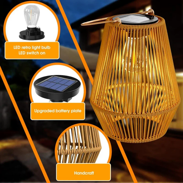 Handwoven solar garden lamp with intricate design, LED light, and waterproof finish, perfect for sustainable outdoor decor.