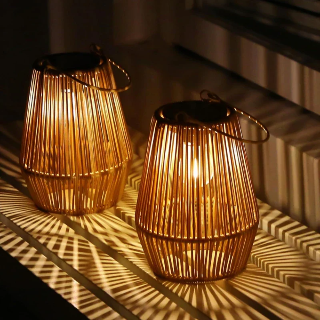 Handwoven solar garden lamp with intricate design, LED light, and waterproof finish, perfect for sustainable outdoor decor.