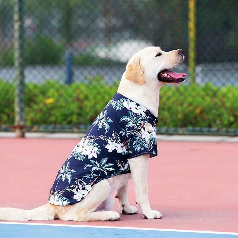 Hawaiian dog shirt with vibrant tropical patterns, featuring pineapples and foliage in bold colors for pet summer style.