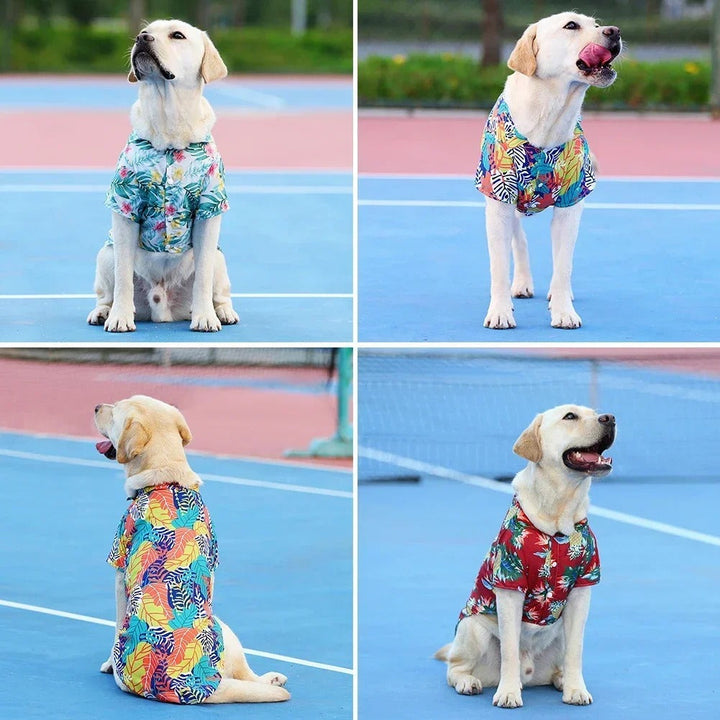 Hawaiian dog shirt with vibrant tropical patterns, featuring pineapples and foliage in bold colors for pet summer style.