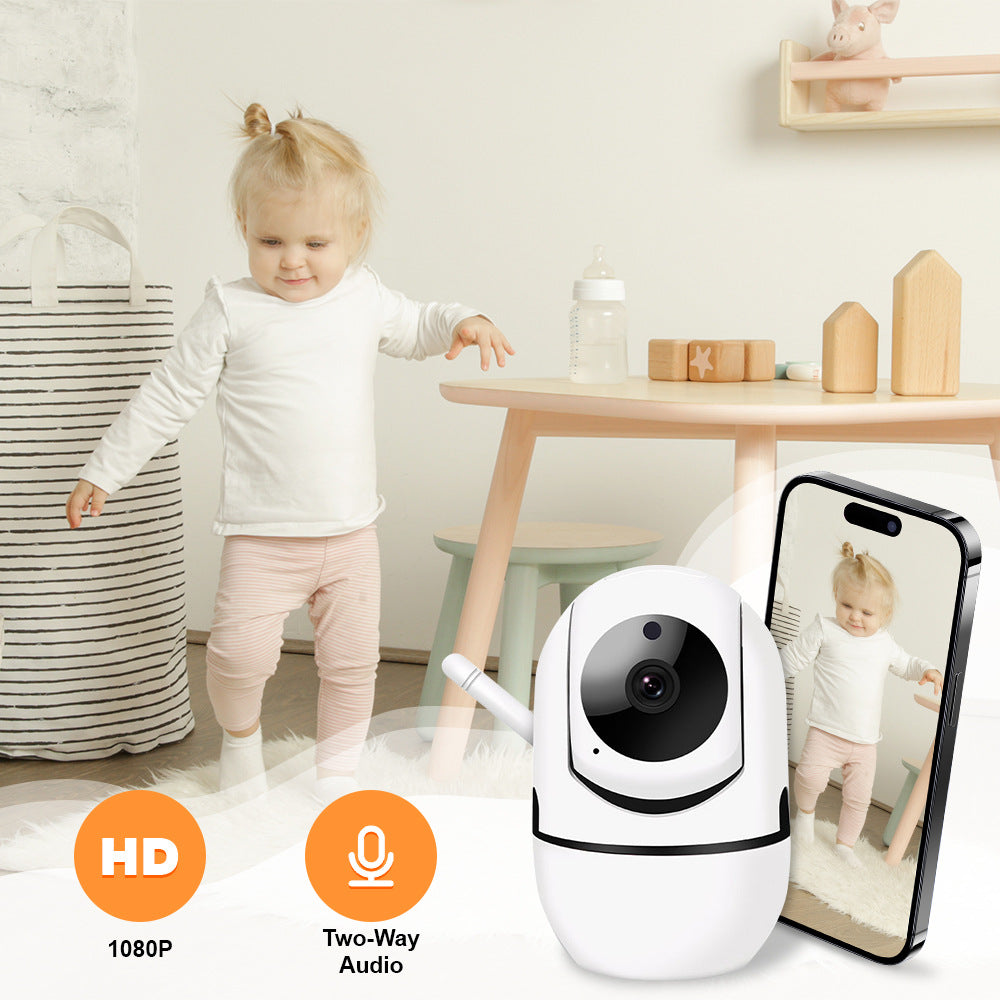 HD night vision baby monitor with 360° rotation, showing clear display even in low light and offering full-room surveillance.