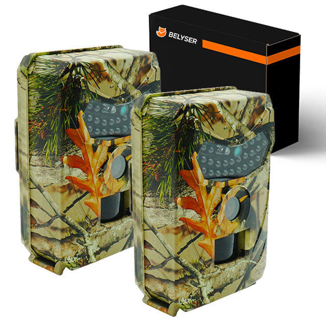 "HD wildlife trail camera with motion detection, captures day/night images; rugged design, compact for outdoor use."