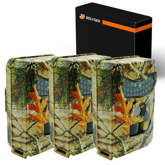 "HD wildlife trail camera with motion detection, captures day/night images; rugged design, compact for outdoor use."