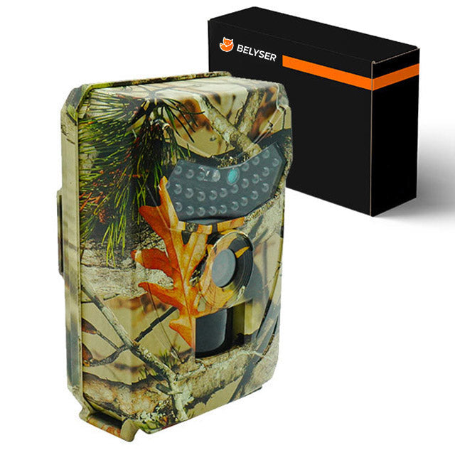 "HD wildlife trail camera with motion detection, captures day/night images; rugged design, compact for outdoor use."