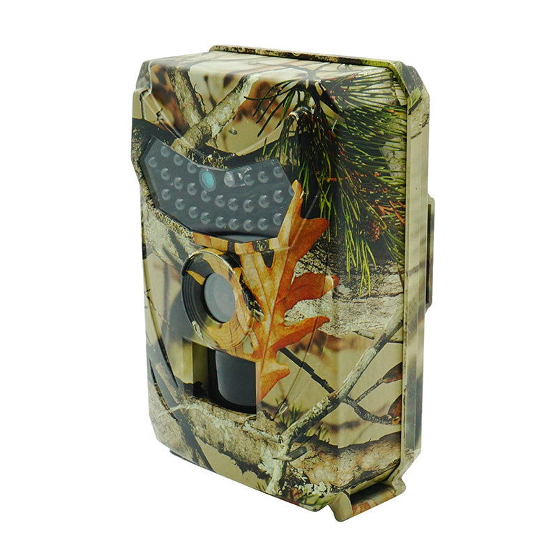 "HD wildlife trail camera with motion detection, captures day/night images; rugged design, compact for outdoor use."