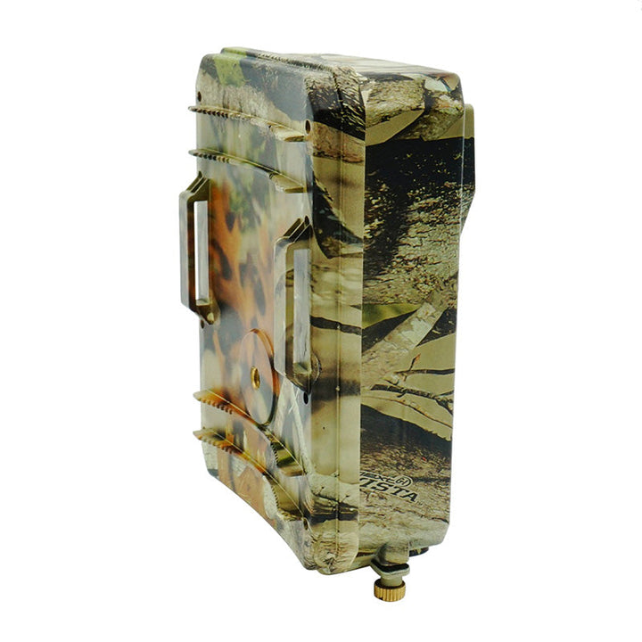 "HD wildlife trail camera with motion detection, captures day/night images; rugged design, compact for outdoor use."