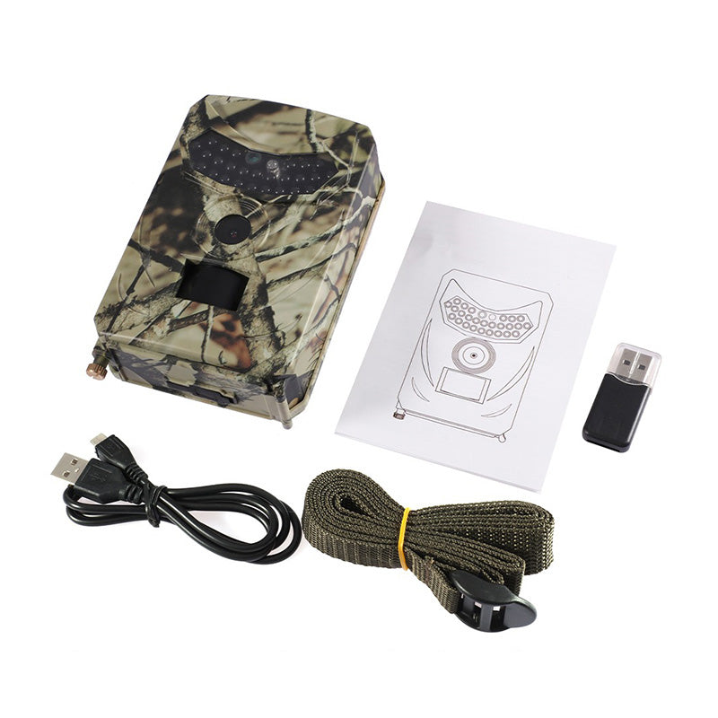 "HD wildlife trail camera with motion detection, captures day/night images; rugged design, compact for outdoor use."