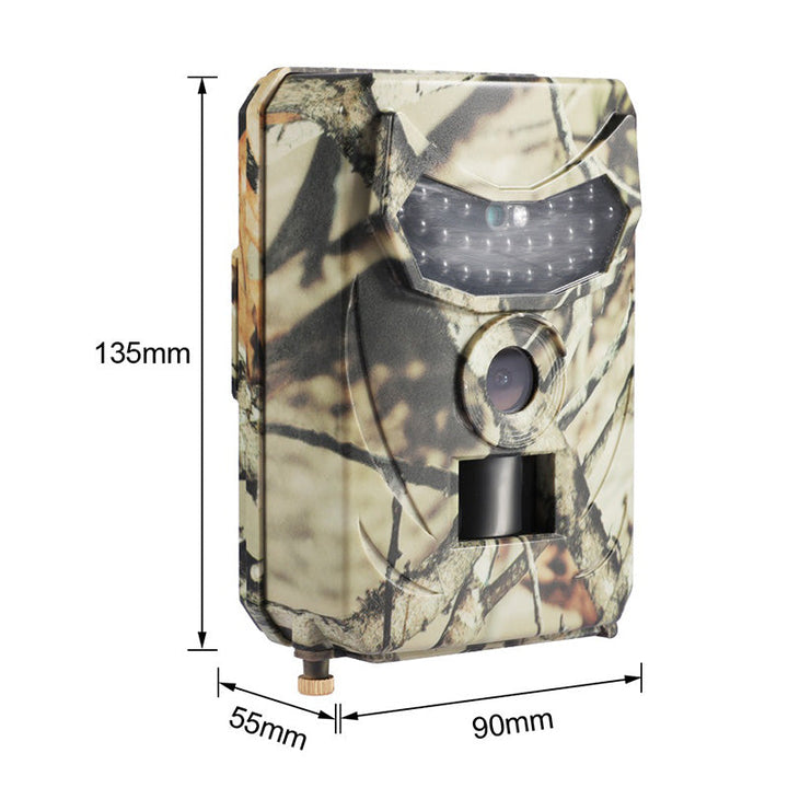 "HD wildlife trail camera with motion detection, captures day/night images; rugged design, compact for outdoor use."