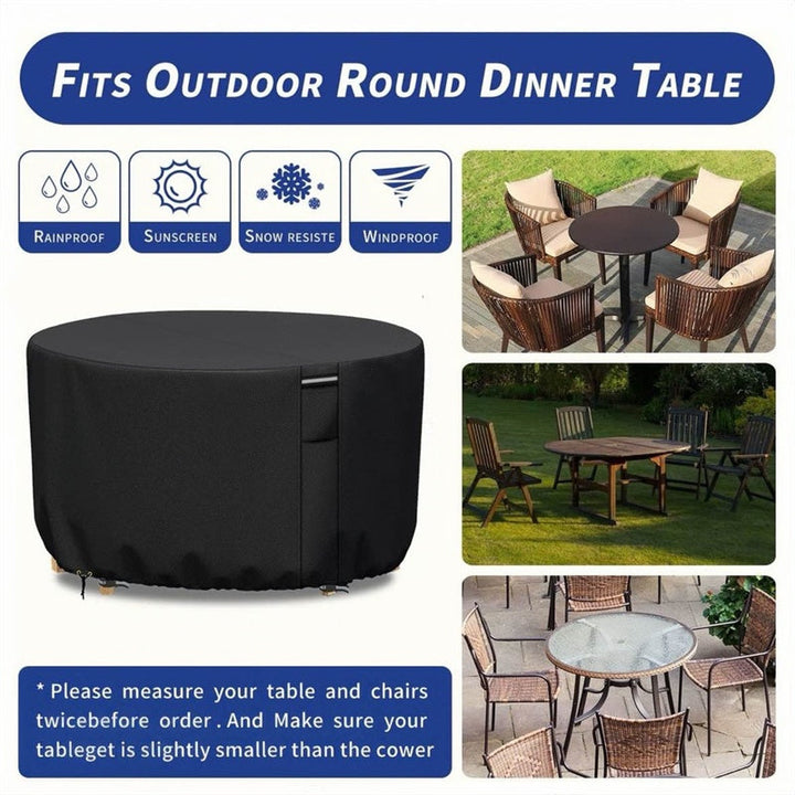 "Heavy-duty round outdoor furniture cover with air vent, waterproof 600D Oxford cloth, ideal for garden tables."
