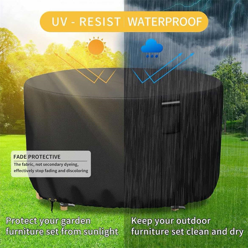 "Heavy-duty round outdoor furniture cover with air vent, waterproof 600D Oxford cloth, ideal for garden tables."