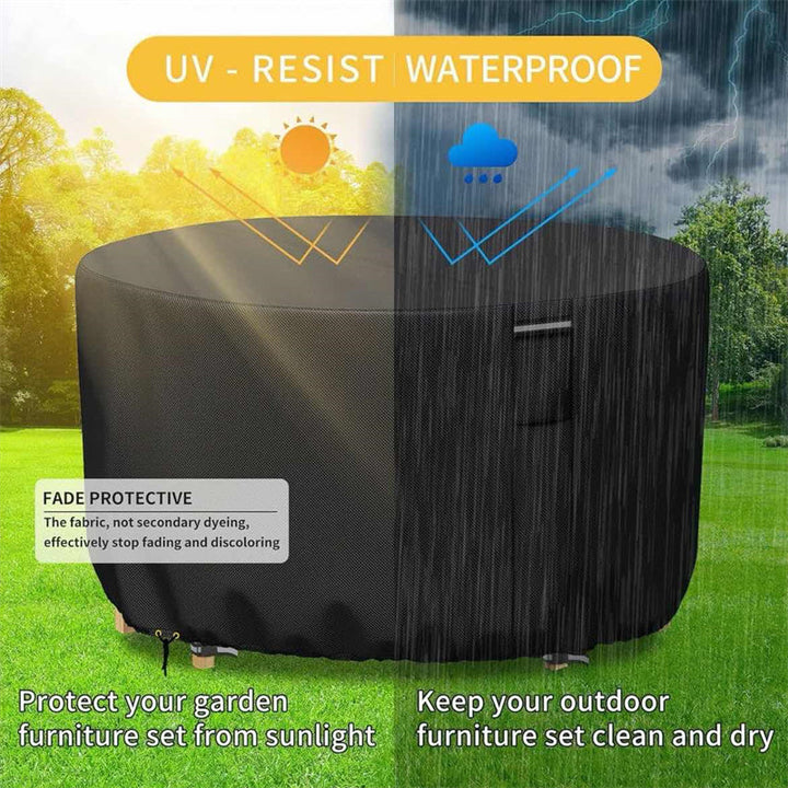 "Heavy-duty round outdoor furniture cover with air vent, waterproof 600D Oxford cloth, ideal for garden tables."