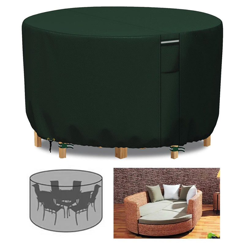 "Heavy-duty round outdoor furniture cover with air vent, waterproof 600D Oxford cloth, ideal for garden tables."