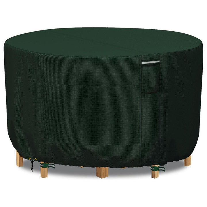"Heavy-duty round outdoor furniture cover with air vent, waterproof 600D Oxford cloth, ideal for garden tables."