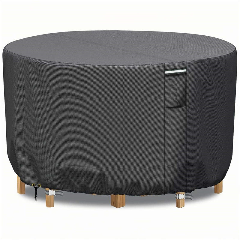 "Heavy-duty round outdoor furniture cover with air vent, waterproof 600D Oxford cloth, ideal for garden tables."