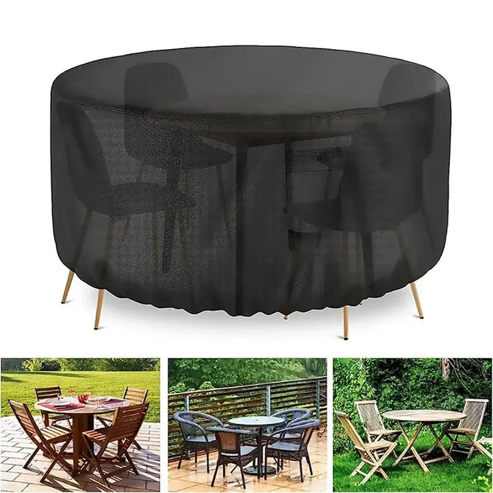 "Heavy-duty round outdoor furniture cover with air vent, waterproof 600D Oxford cloth, ideal for garden tables."