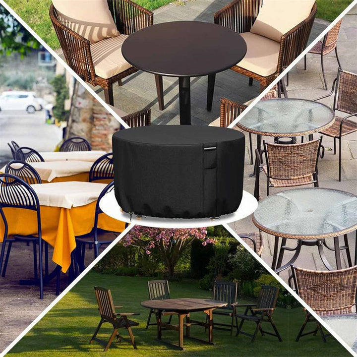 "Heavy-duty round outdoor furniture cover with air vent, waterproof 600D Oxford cloth, ideal for garden tables."